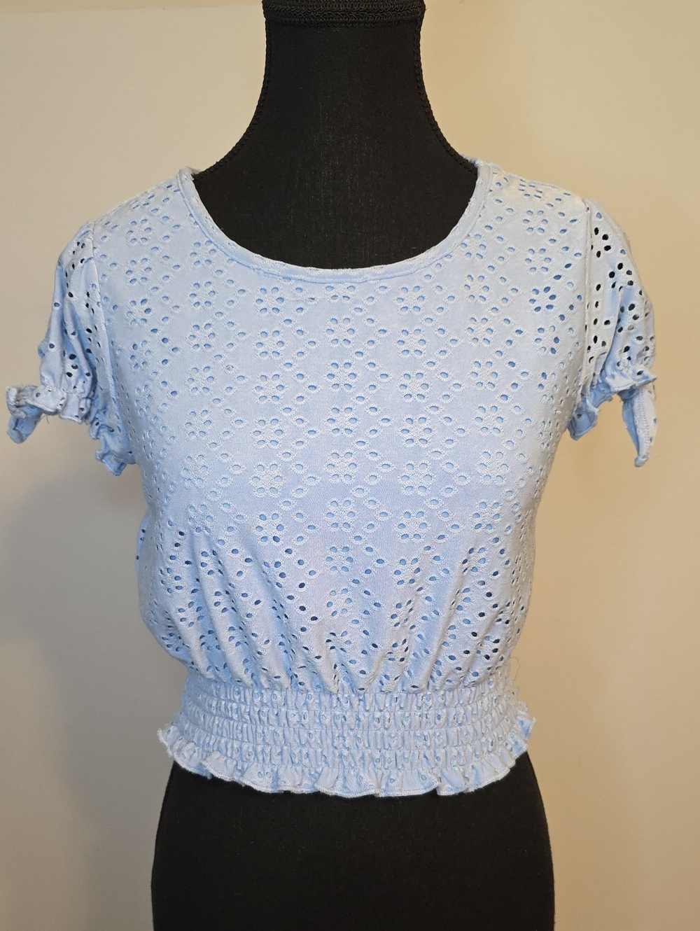 Knitworks Light Blue Eyelet Smocked Crop Top